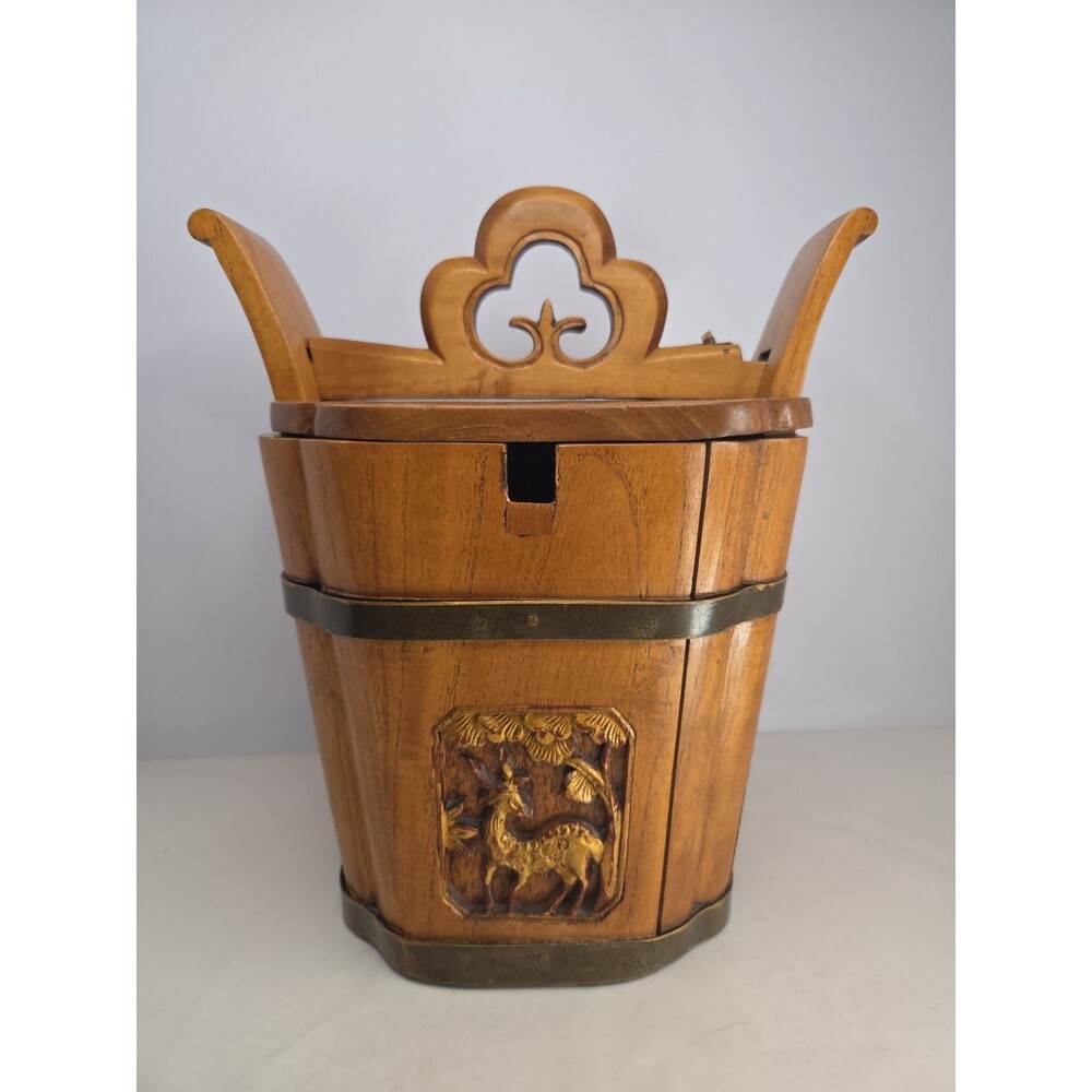 Antique Chinese Wedding Gift Wood Rice Bucket/Teapot Holder Hand Carved Goldleaf
